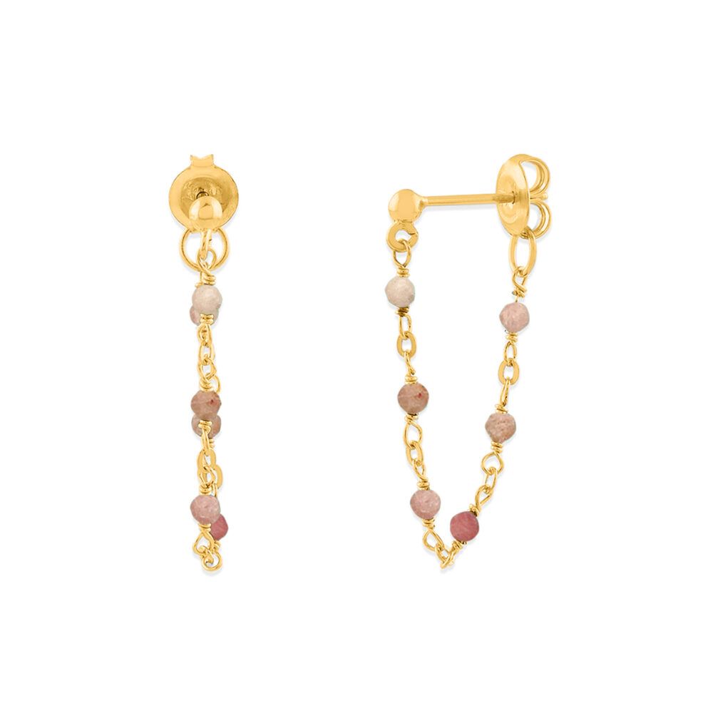 Boucles d'oreilles argent dorée chaine et pierres naturelles quartz rose fraise