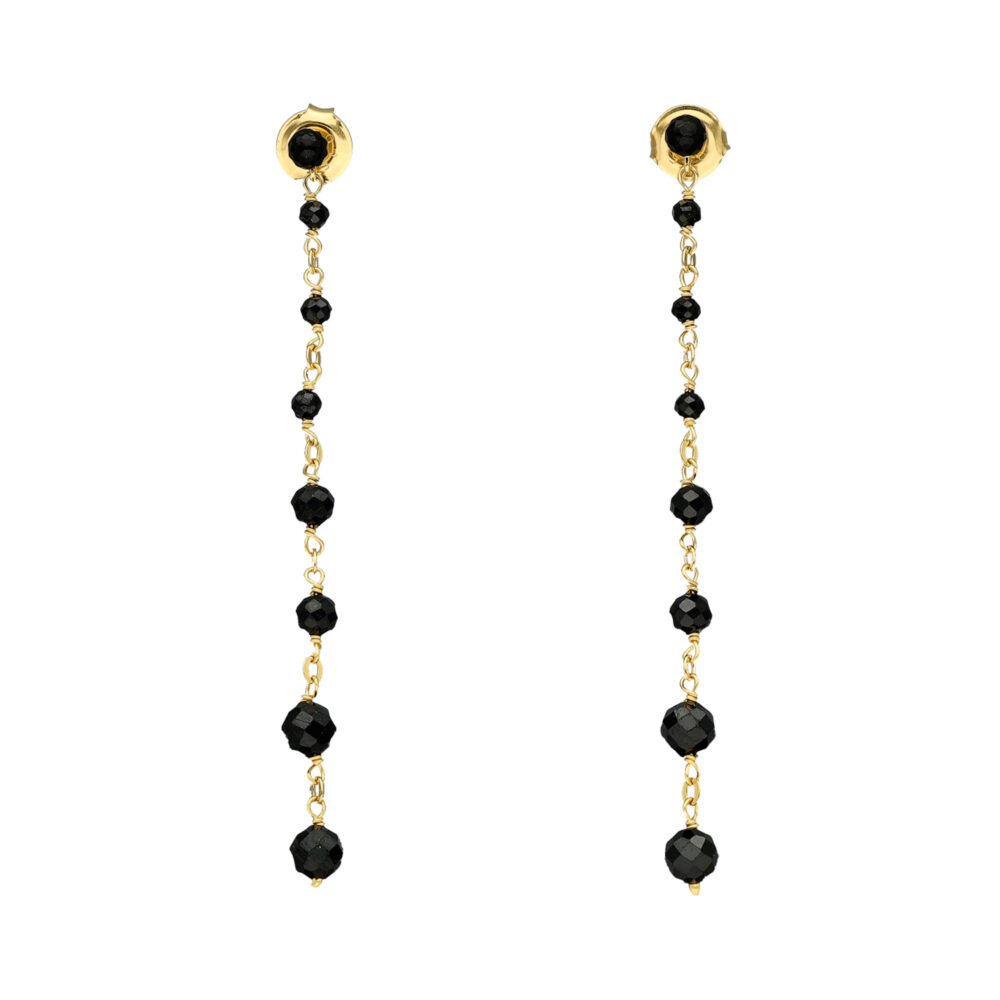 Boucles d'oreilles argent dorée chaine cascade pierre spinelle noire