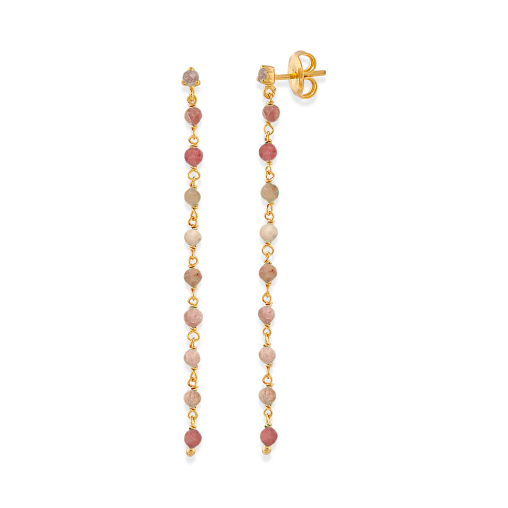 Boucles d'oreilles argent dorée chaine longue et pierres quartz rose fraise
