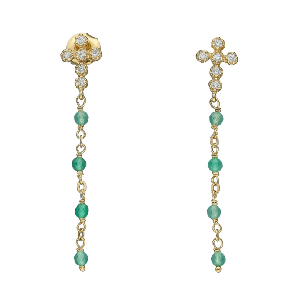 Boucles d'oreilles argent dorée croix zirconium blanc pierre onyx vert