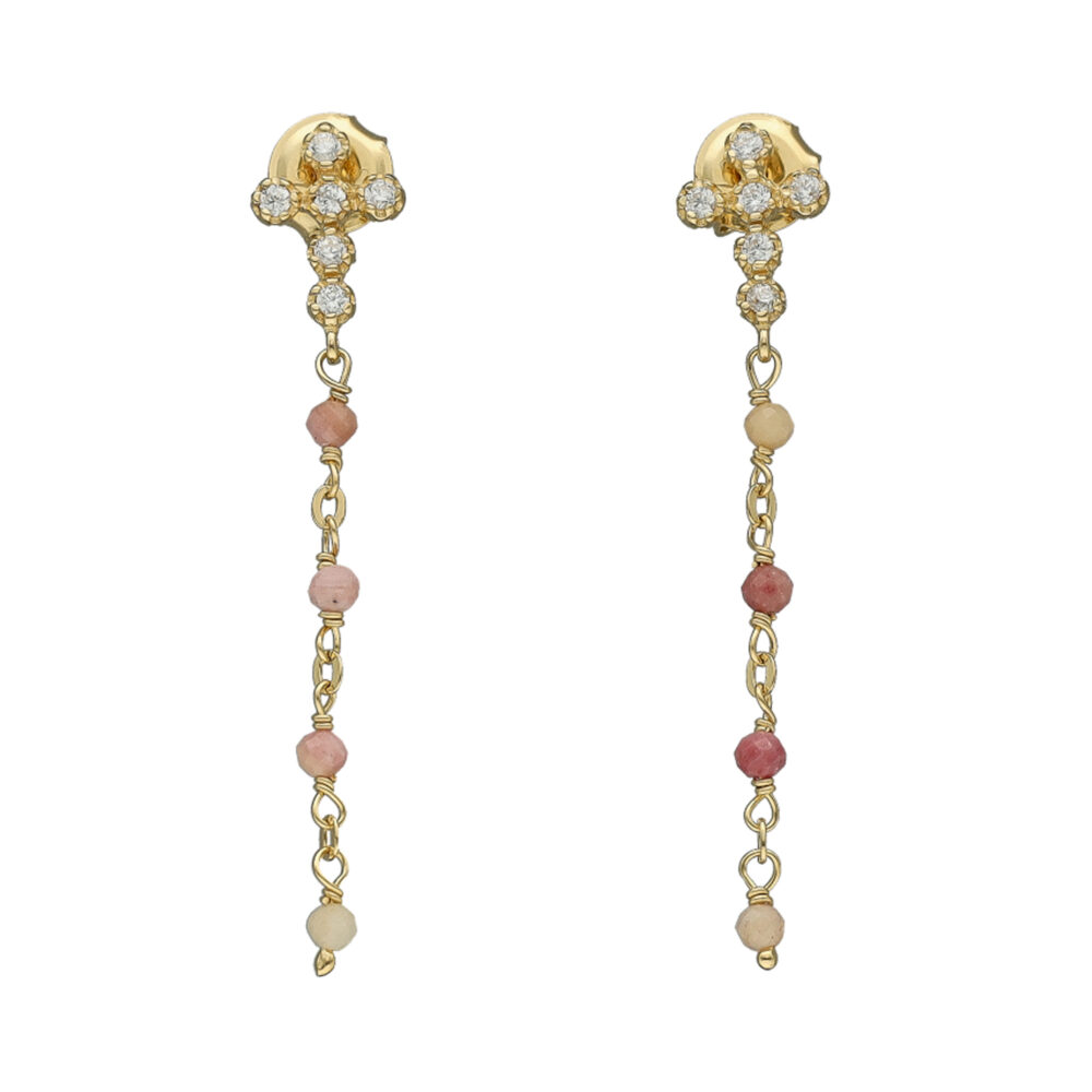 Boucles d'oreilles argent dorée croix zirconium blanc pierre rhodonite rose