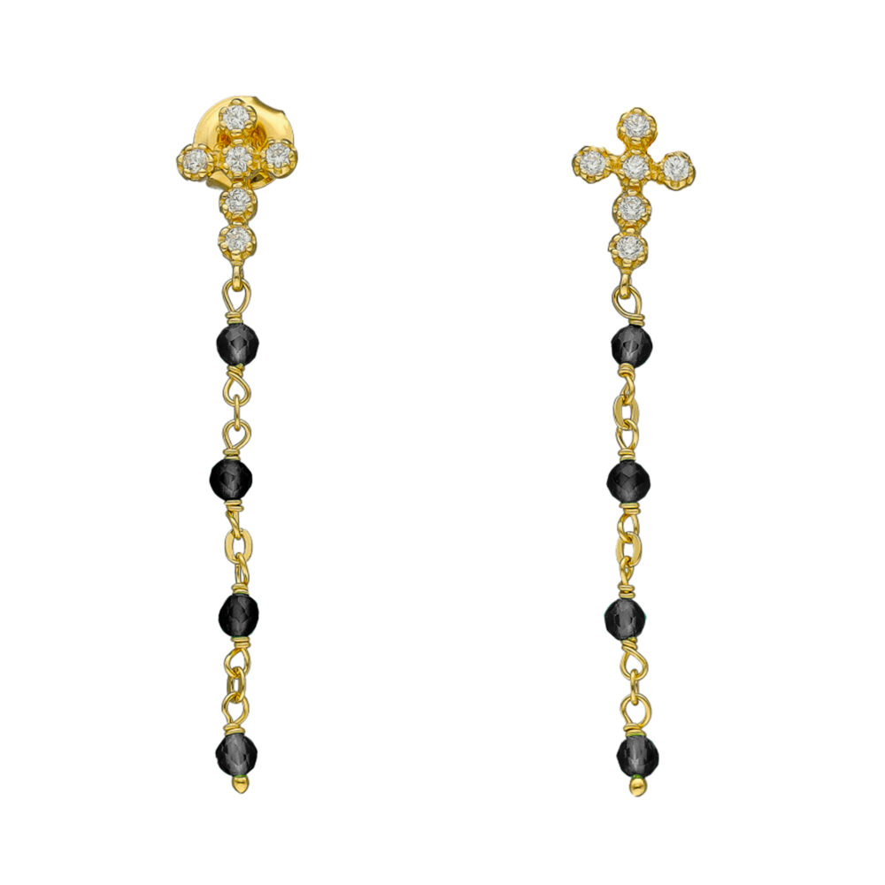 Boucles d'oreilles argent dorée croix zirconium blanc pierre spinelle noire