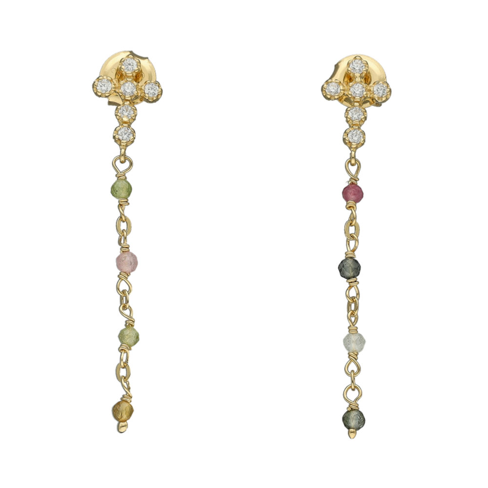 Boucles d'oreilles argent dorée croix zirconium blanc pierre tourmaline
