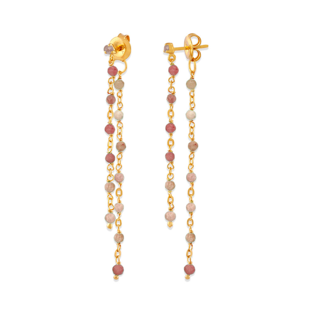 Boucles d oreilles argent dorée double chaine longue et pierres naturelles quartz rose fraise