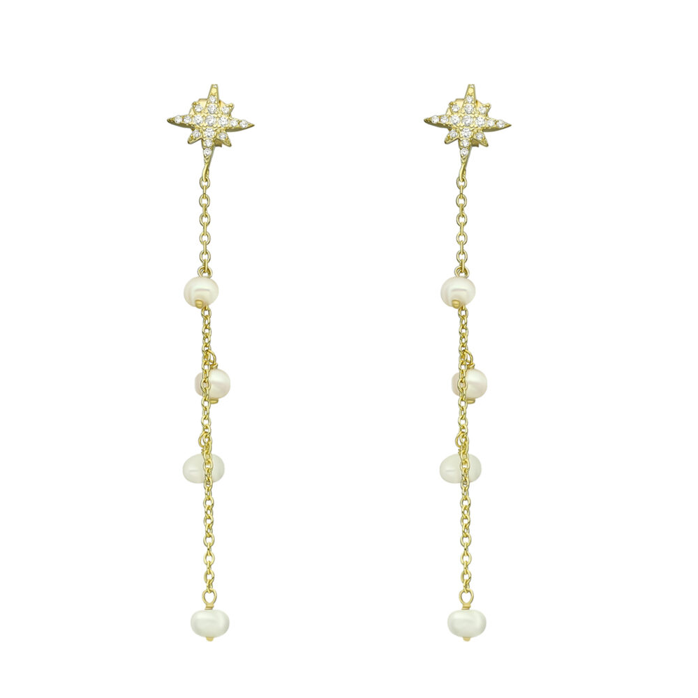 Boucles d oreilles argent dorée étoile et perles naturelles blanches