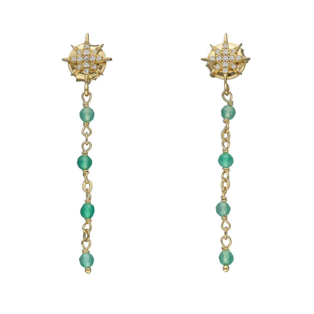 Boucles d'oreilles argent dorée étoile zirconium blanc pierre onyx vert