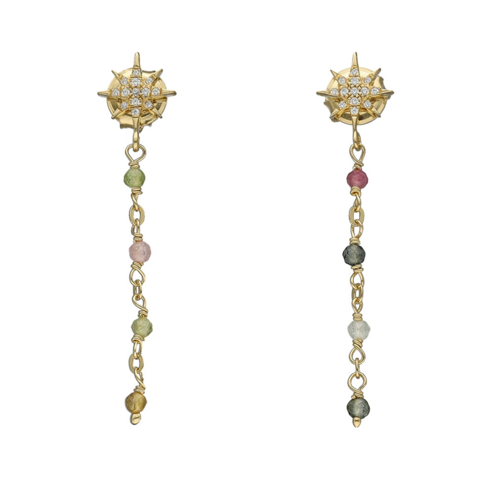 Boucles d'oreilles argent dorée étoile zirconium blanc pierre tourmaline