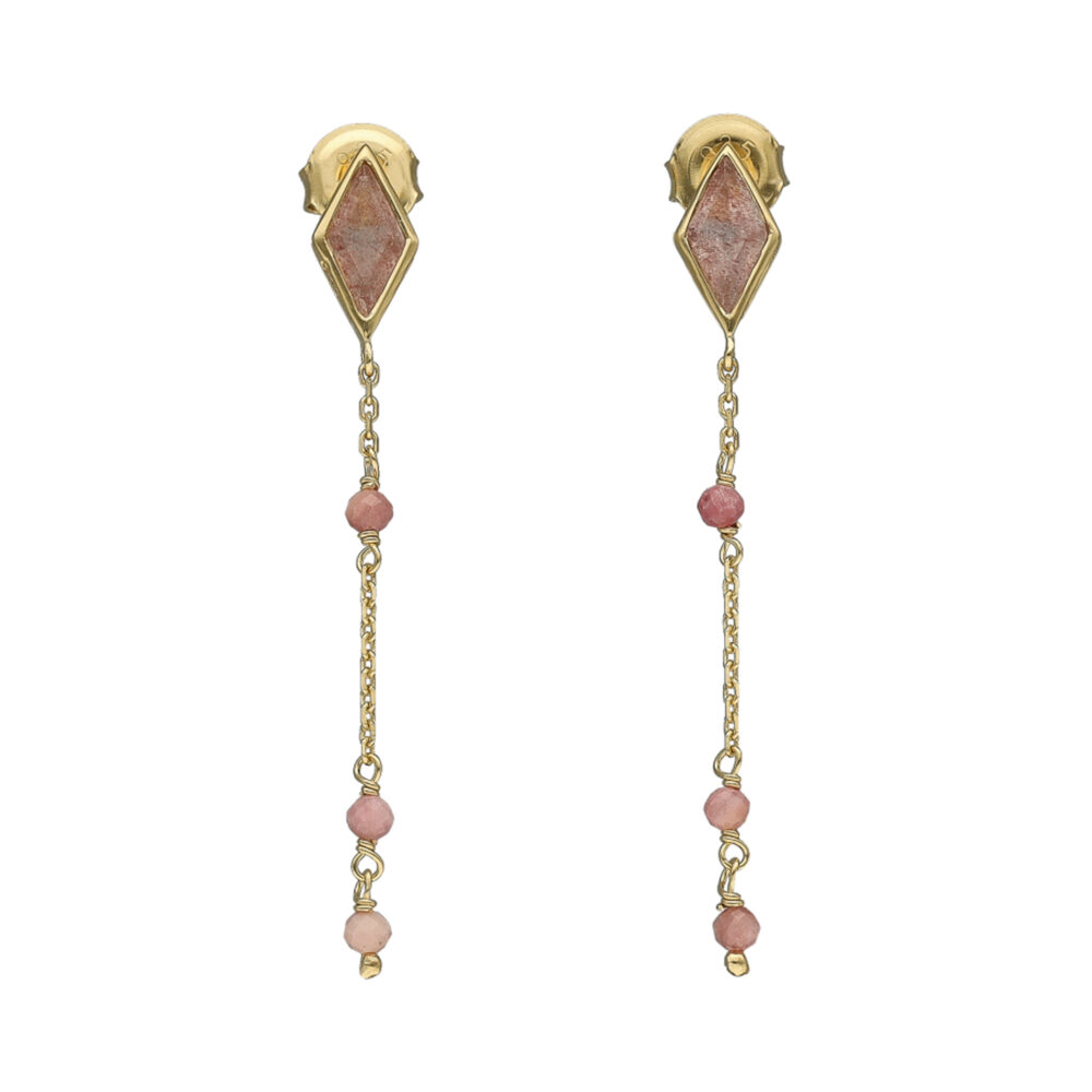 Boucles d'oreilles argent dorée losange  pierre rhodonite rose