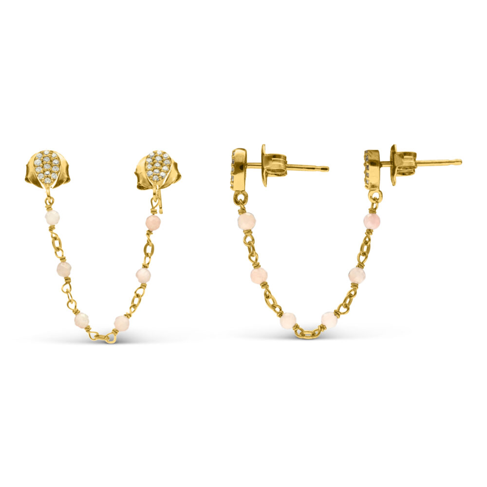 Boucles d'oreilles argent dorées doubles reliées gouttes opale rose