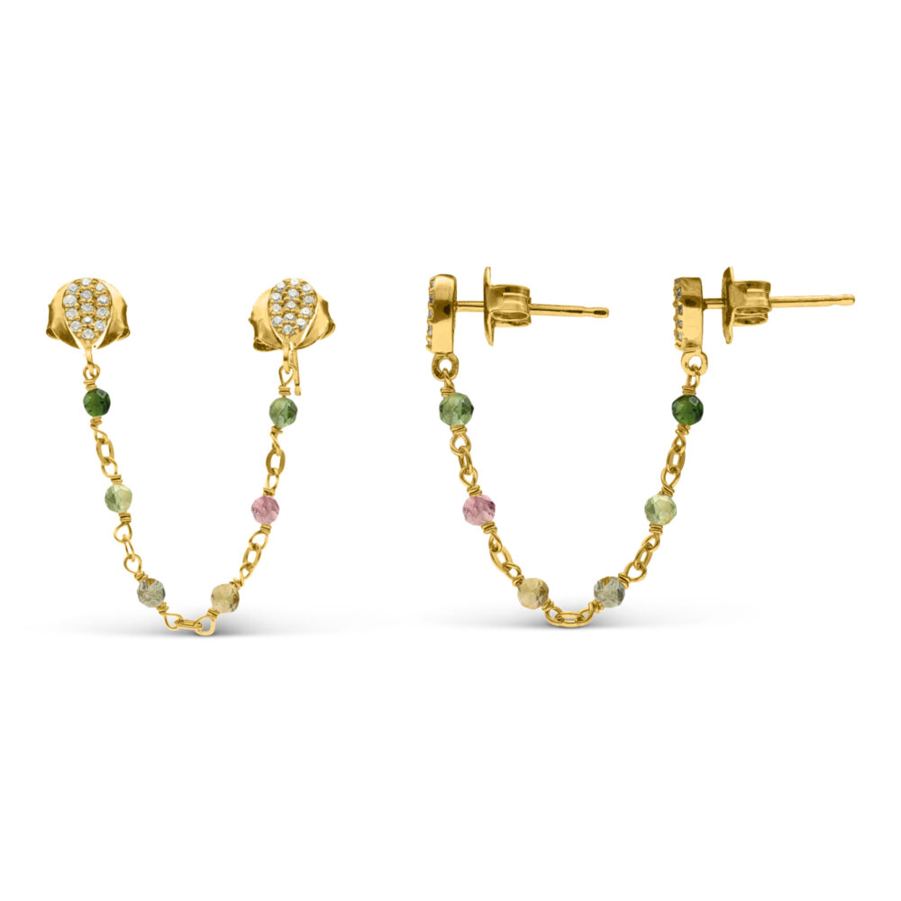 Boucles d'oreilles argent dorées doubles reliées gouttes multi-tourmaline