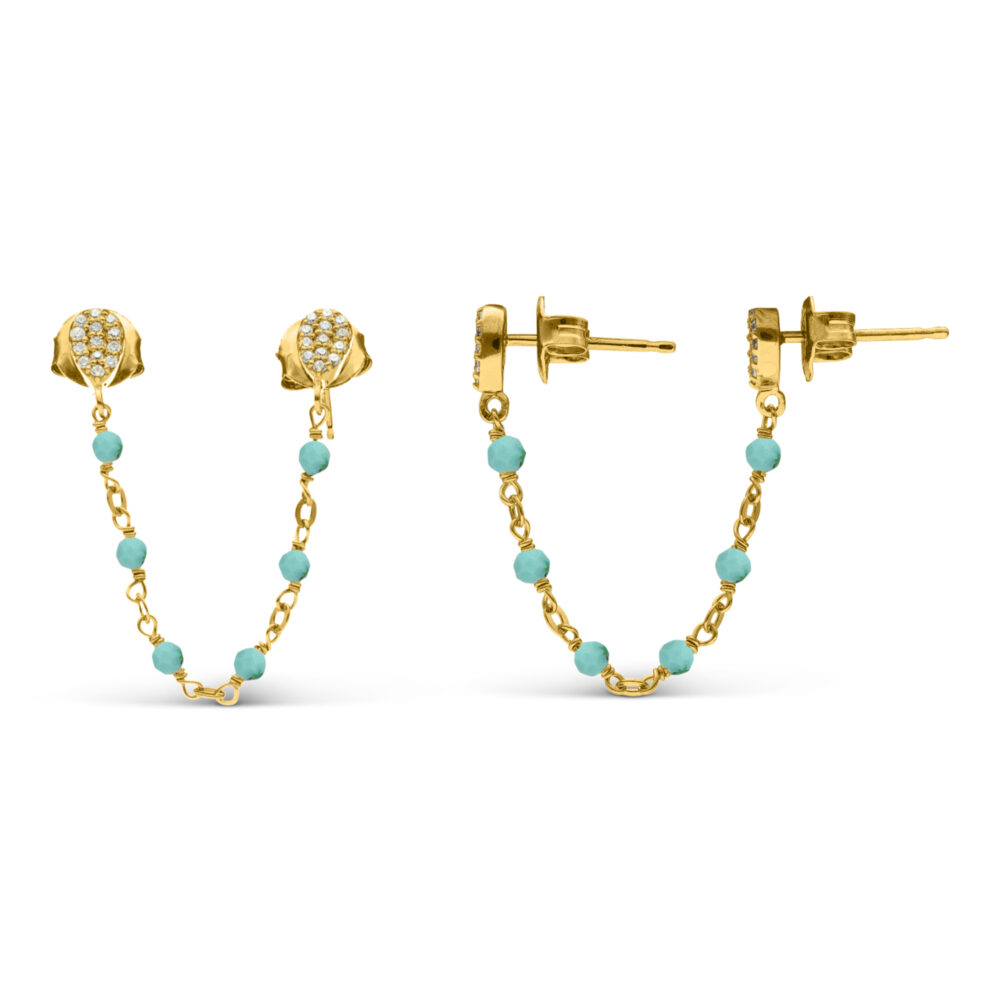 Boucles d'oreilles argent dorées doubles reliées gouttes turquoise