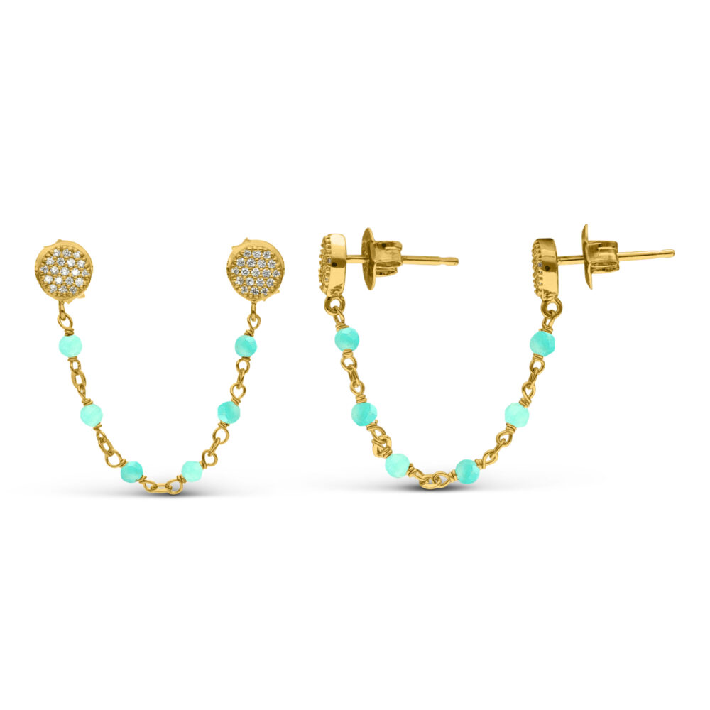 Boucles d'oreilles argent dorées doubles reliées rondes amazonite