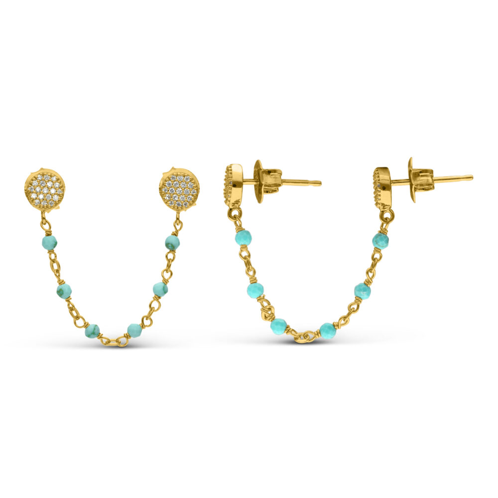 Boucles d'oreilles argent dorées doubles reliées rondes turquoise