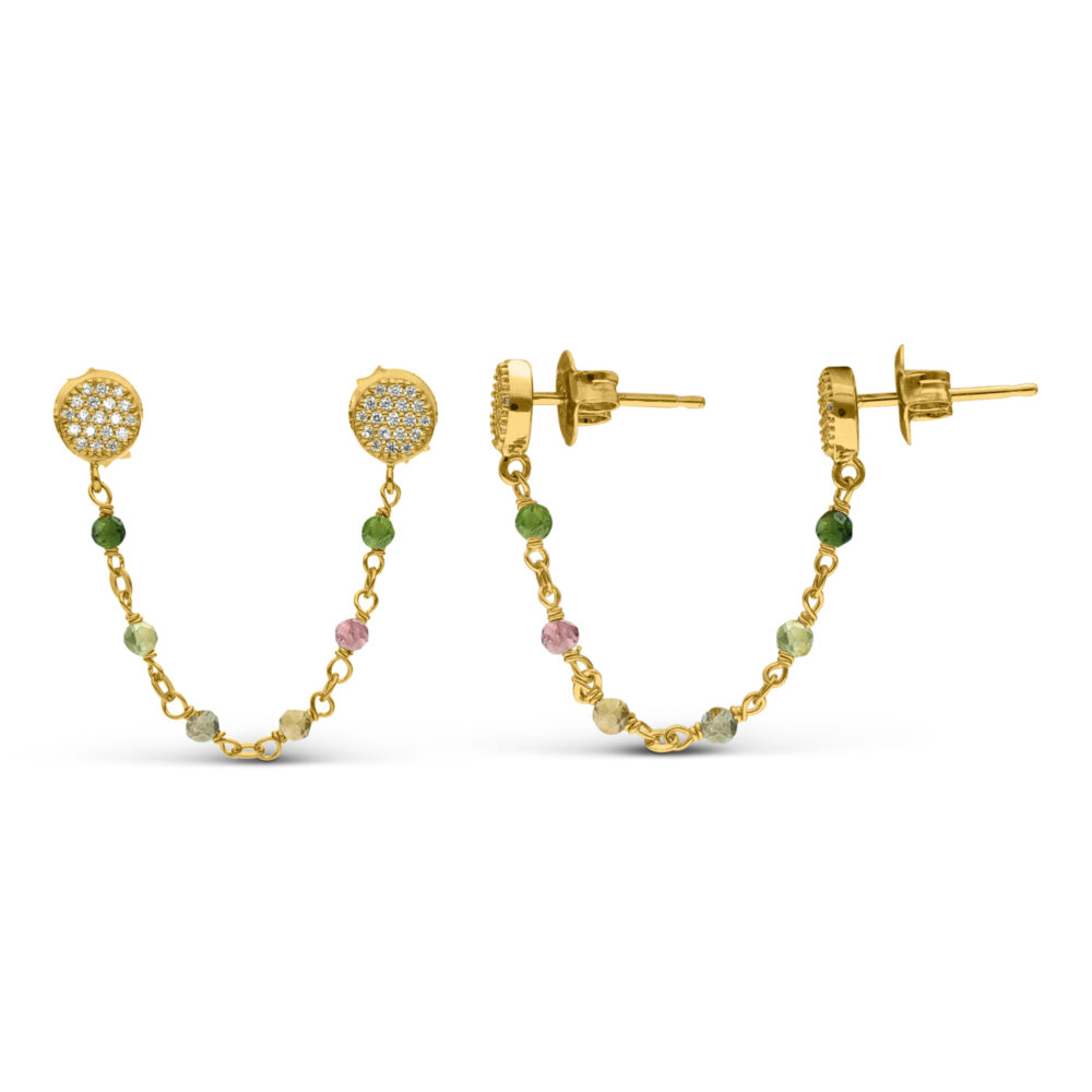 Boucles d'oreilles argent dorées doubles reliées rondes multi-tourmaline