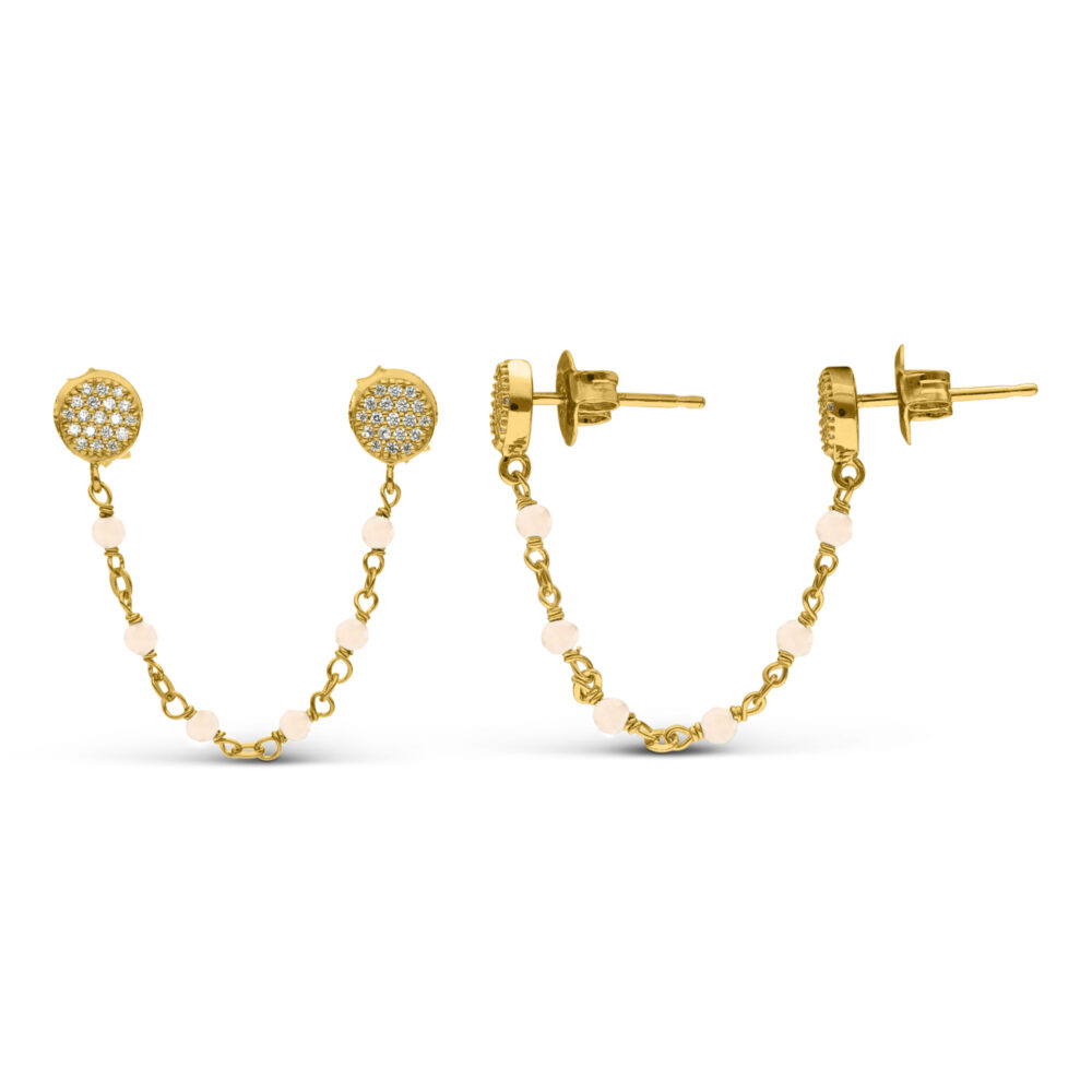 Boucles d'oreilles argent dorées doubles reliées rondes opale rose