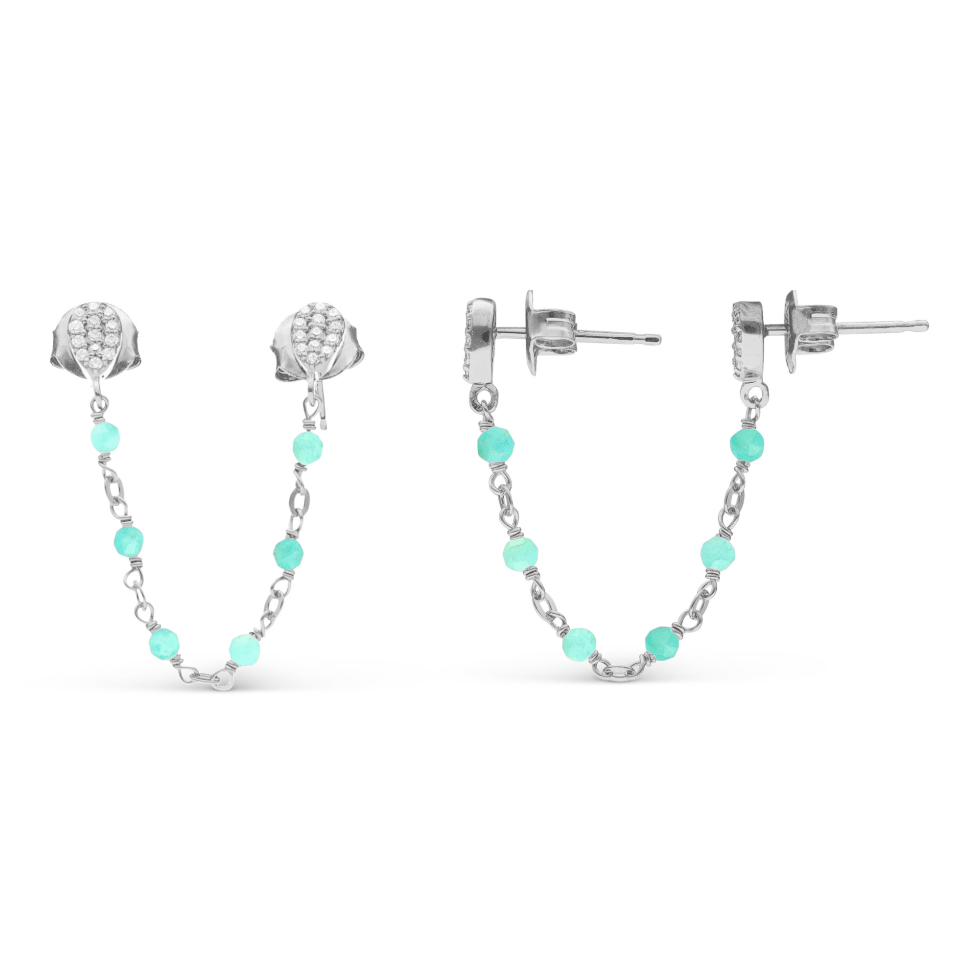 Boucles d'oreilles argent rhodié doubles reliées gouttes amazonite