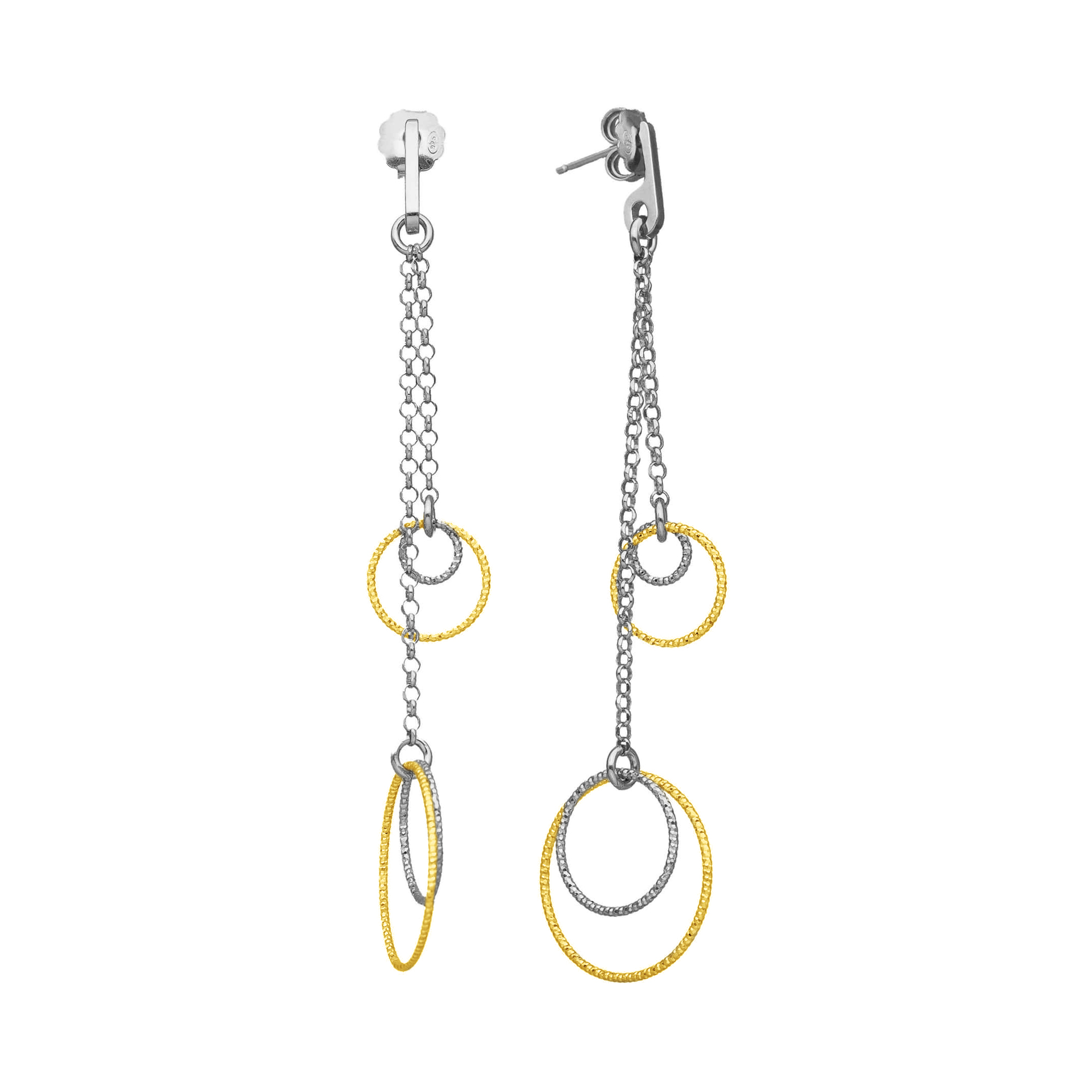 Boucles d'oreilles argent rhodié bicolore doubles chaînes cercles diamantés