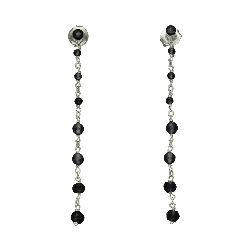 Boucles d'oreilles argent rhodié chaine cascade pierre spinelle noire