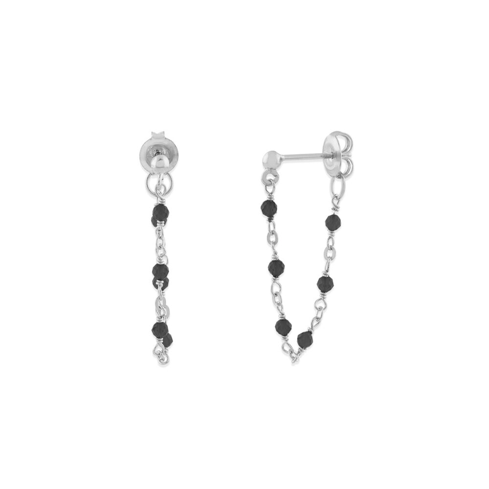 Boucles d oreilles argent rhodié chaine et pierres naturelles noir