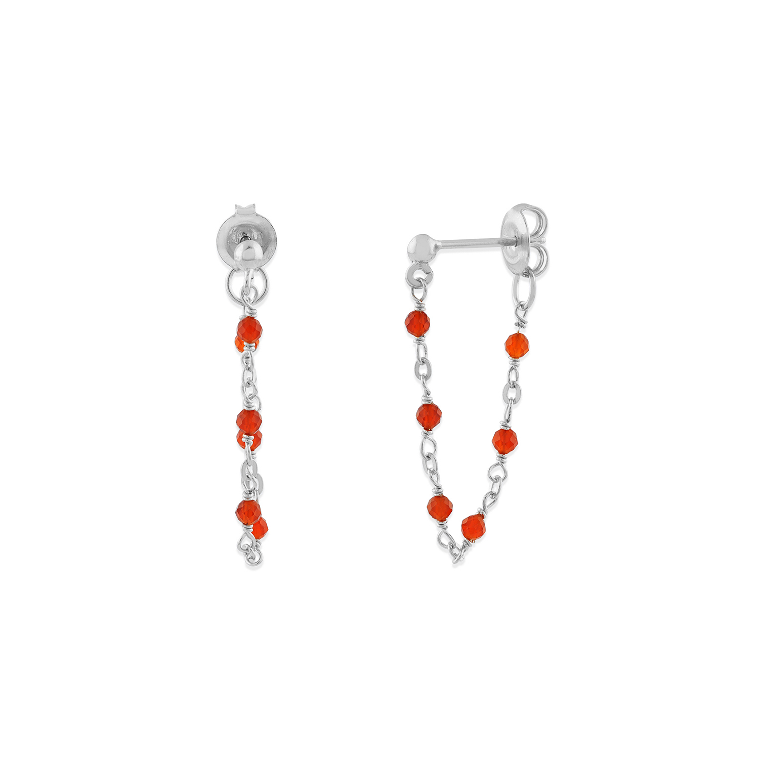 Boucles d'oreilles argent rhodié chaine et pierres naturelles rouge