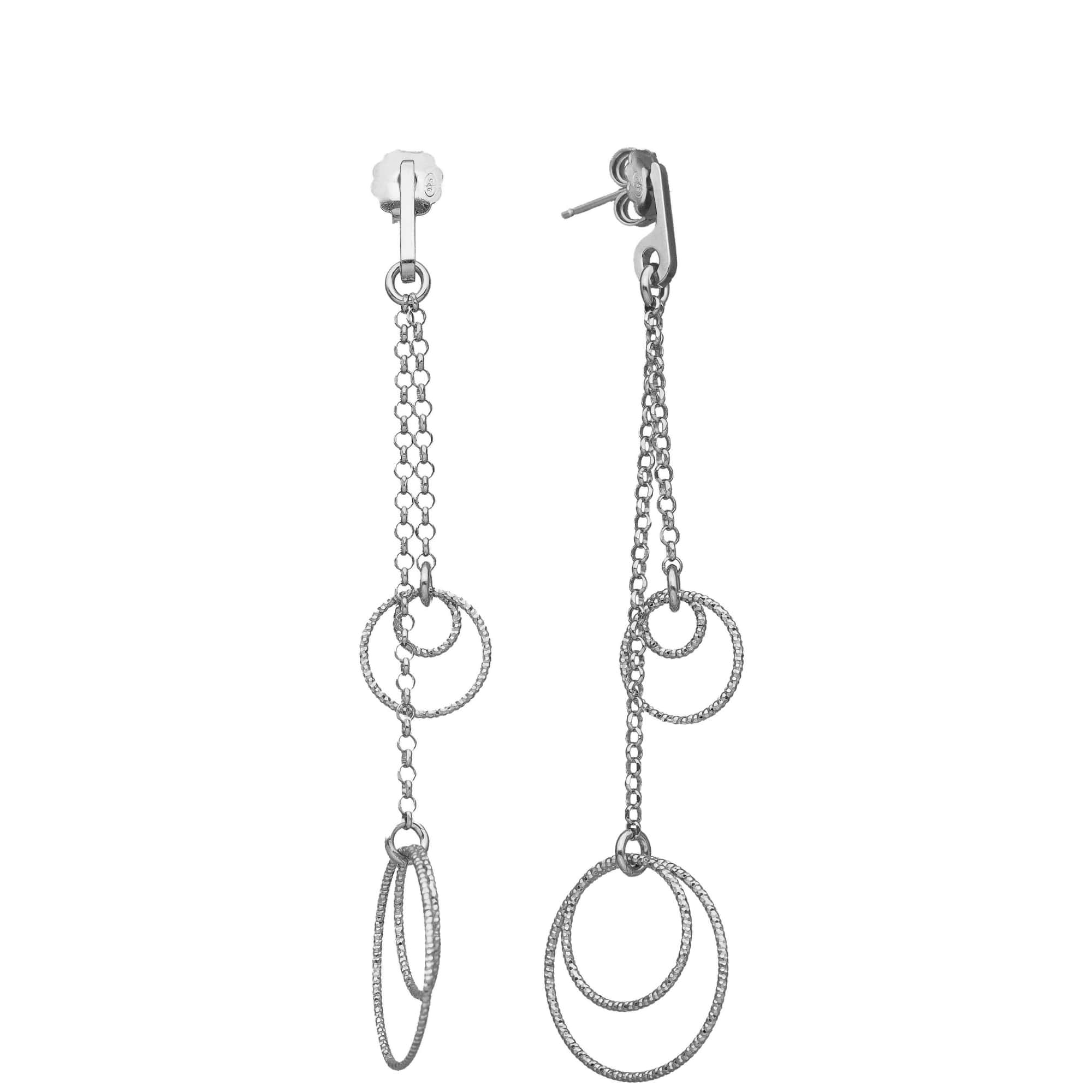 Boucles d'oreilles argent rhodié diamantées pendantes doubles chaînes anneaux