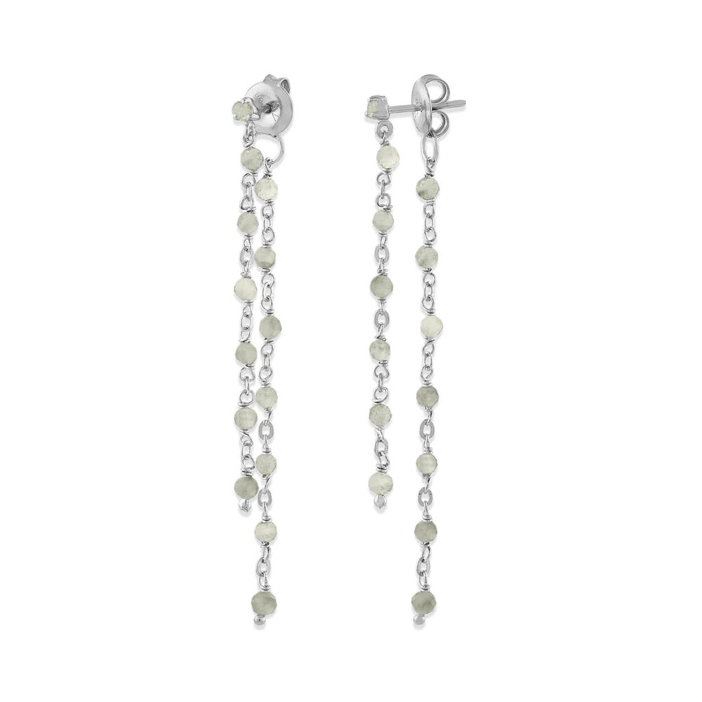 Boucles d oreilles argent rhodié double chaine longue et pierres naturelles labradorite