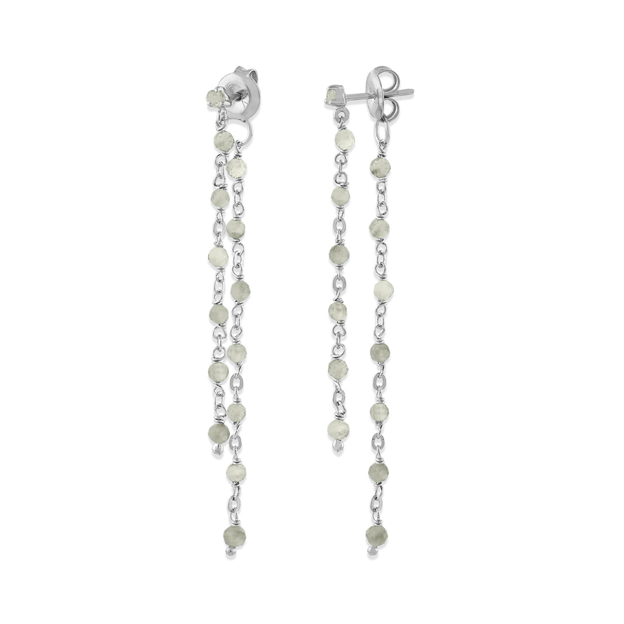 Boucles d oreilles argent rhodié double chaine longue et pierres naturelles labradorite