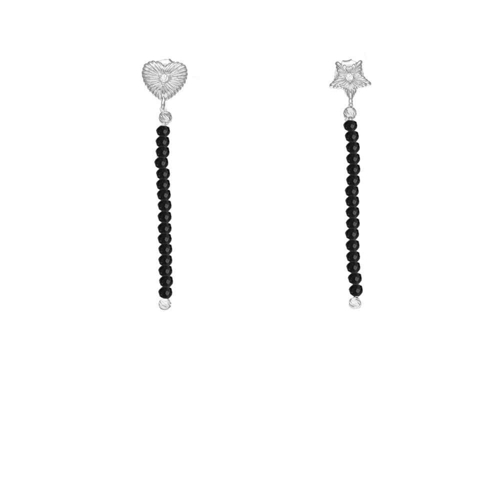 Boucles d'oreilles argent rhodié pendantes cœur et étoile pierre Spinelle noire