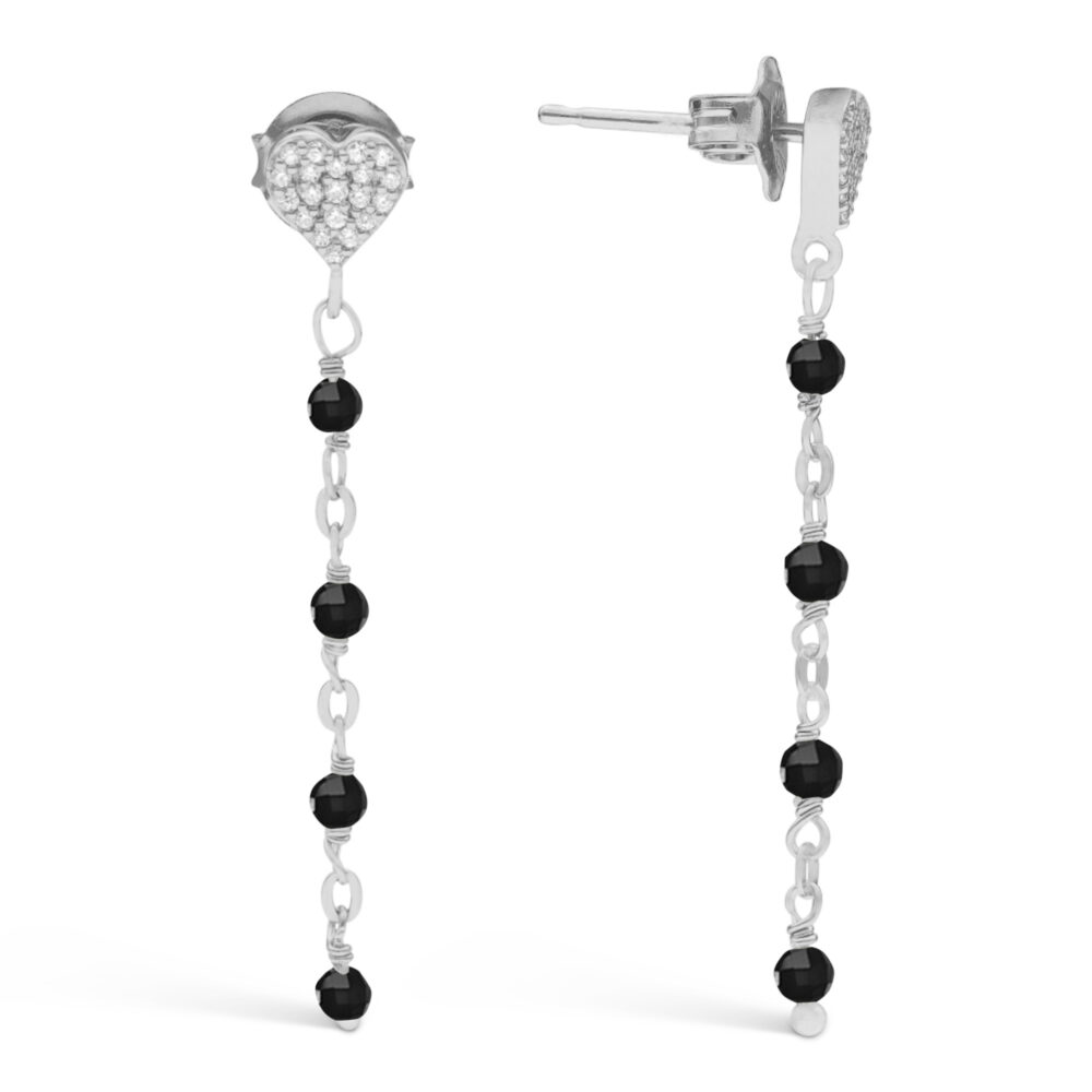 Boucles d'oreilles argent rhodié pendantes cœur pierre spinelle noire