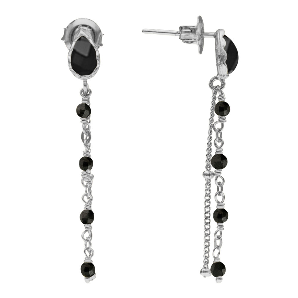 Boucles d'oreilles argent rhodié pendantes gouttes et pierre spinelle noire