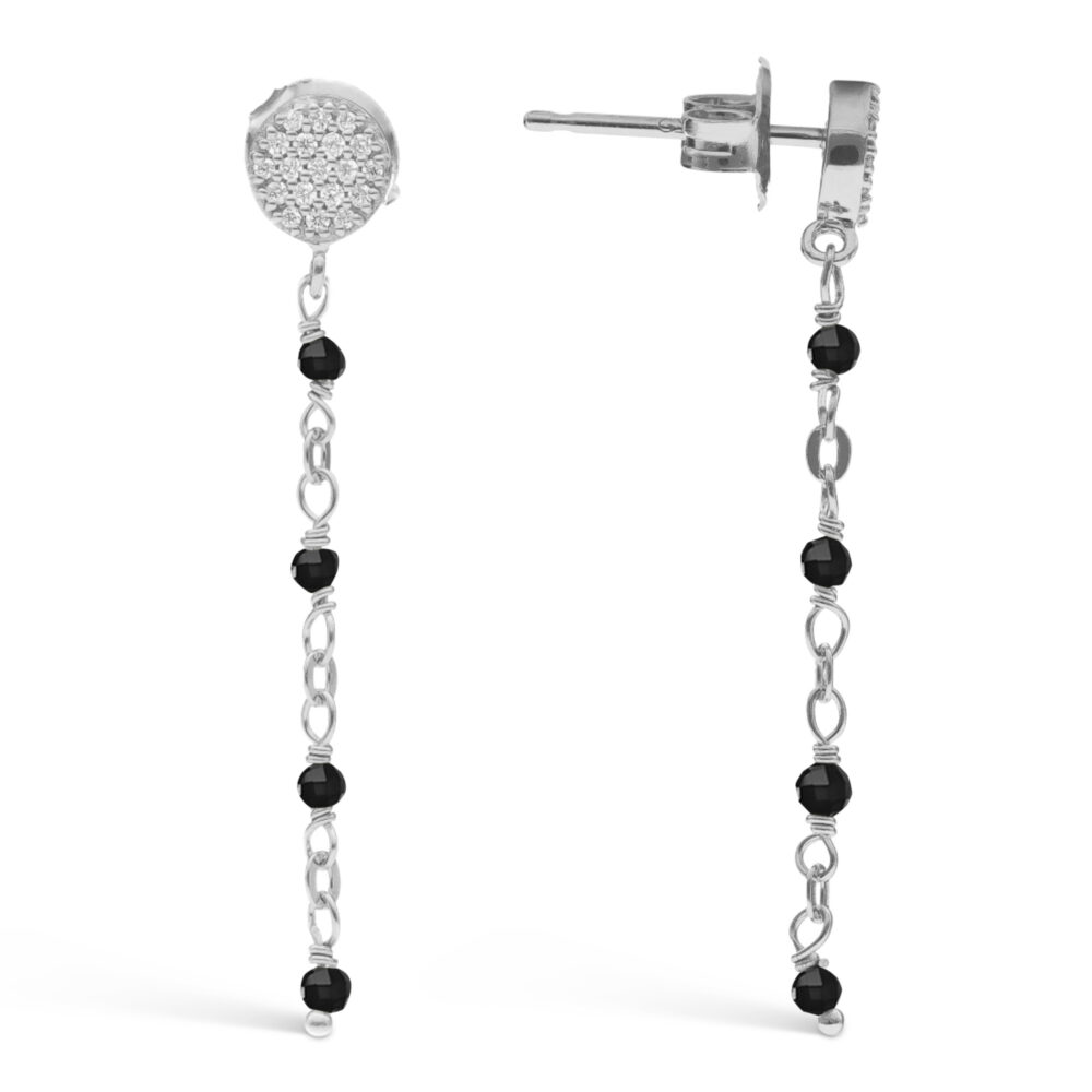Boucles d'oreilles argent rhodié pendantes ronde pierre spinelle noire