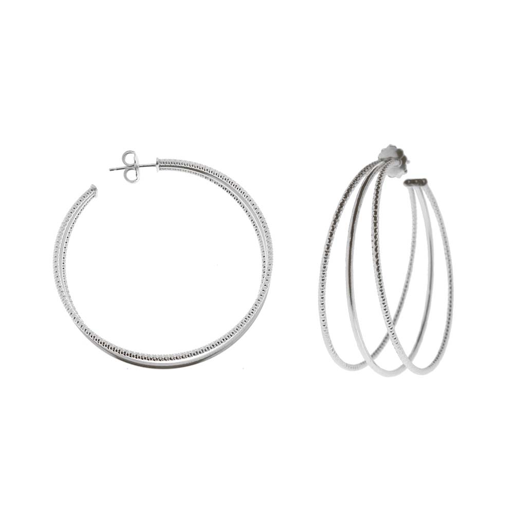 Boucles d'oreilles créoles trois anneaux grand modèle argent rhodié diamantée et lisse diamètre 55mm