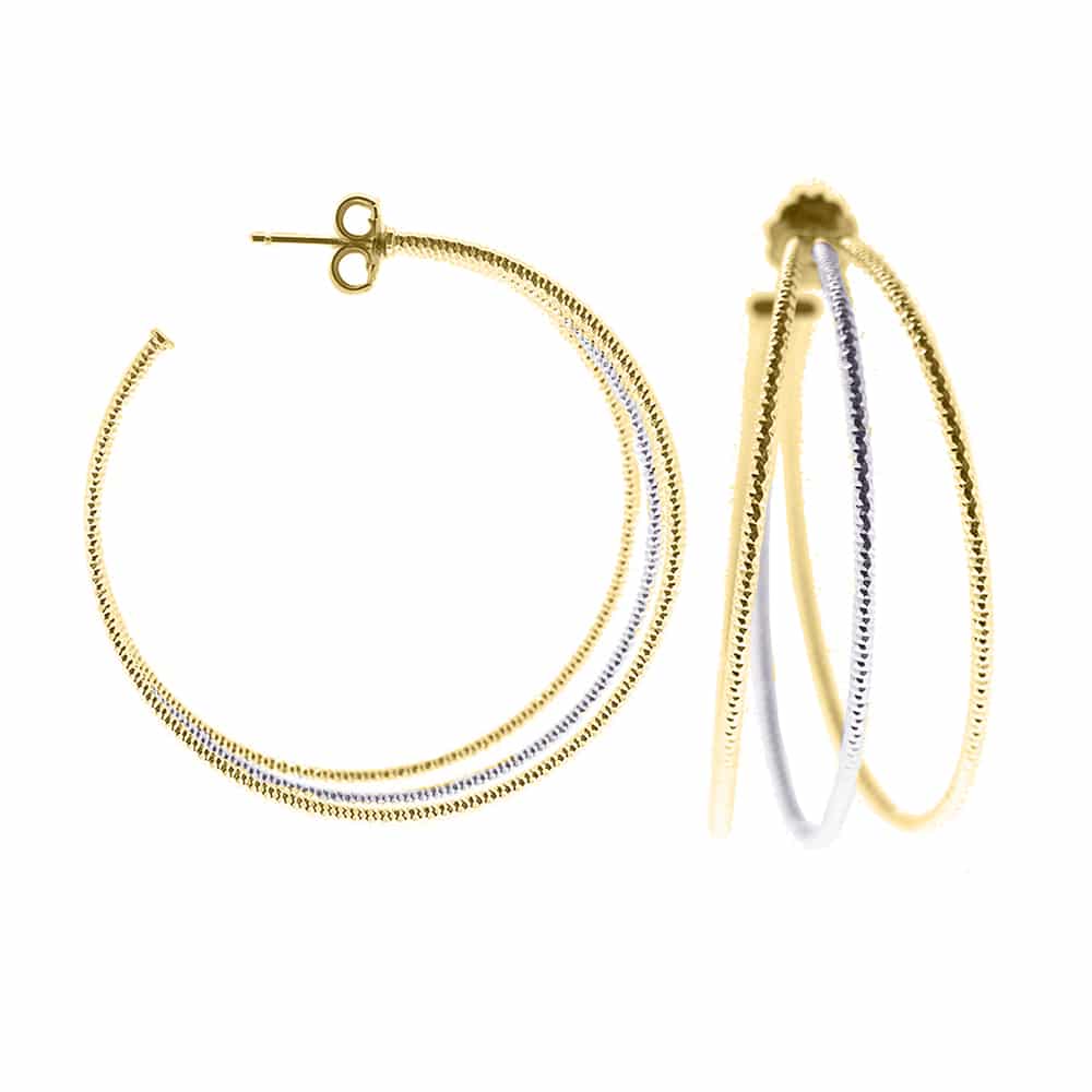 Boucles d'oreilles créoles trois anneaux grand modèle argent rhodié doré diamanté helena diamètre 55mm