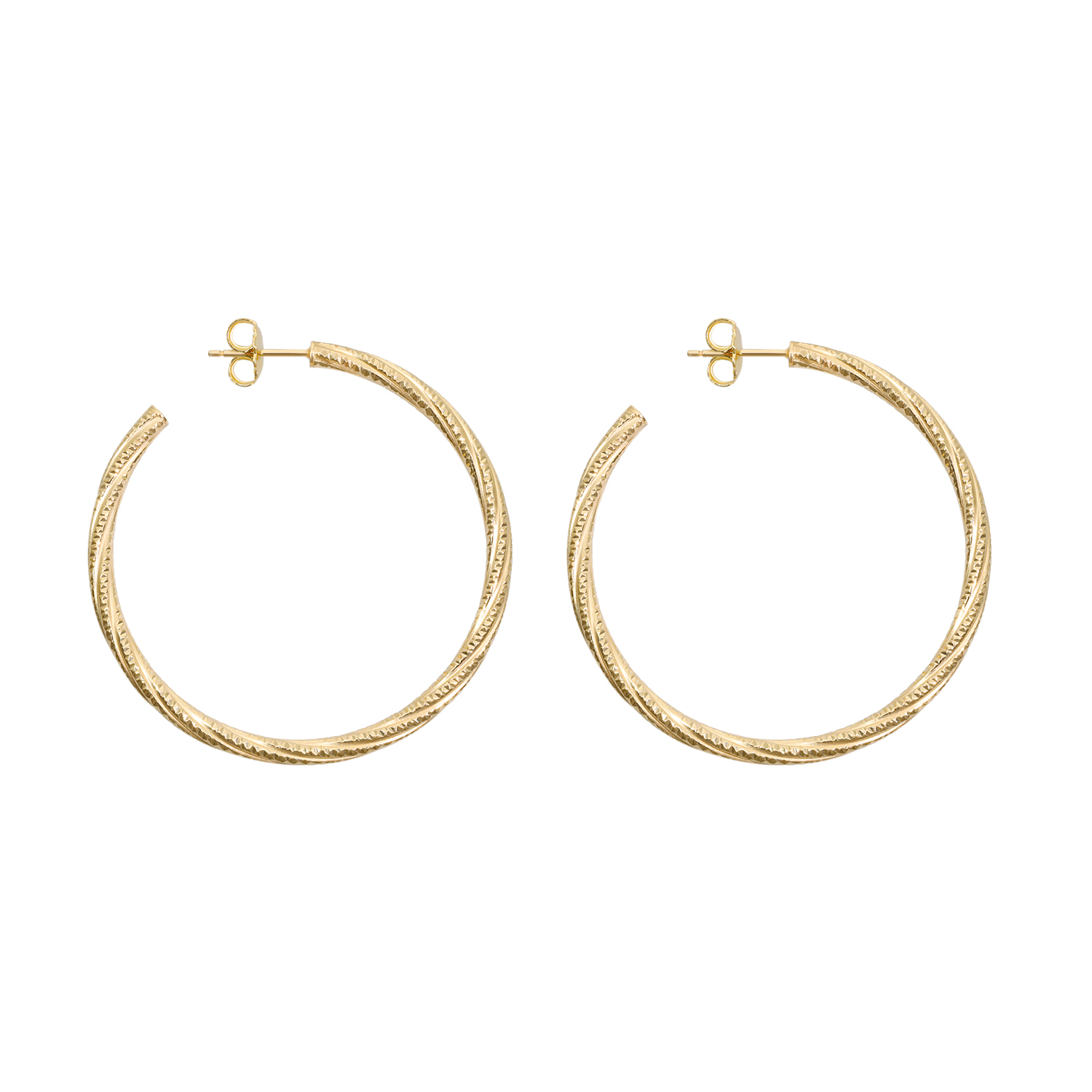 Boucles d'oreilles en argent créoles tubes torsades grand modèle doré diamètre 43mm