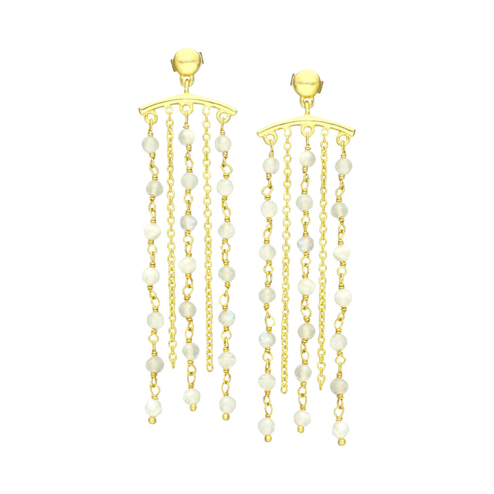 Boucles d'oreilles fil argent doré multi-chaines pierres naturelles pierre de lune