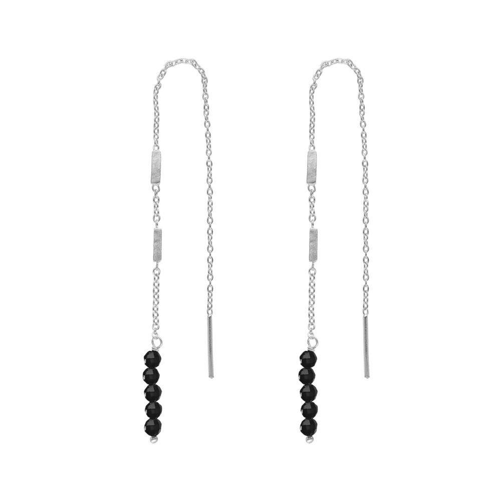 Boucles d'oreilles fil argent rhodié pierres naturelles Spinelle noire