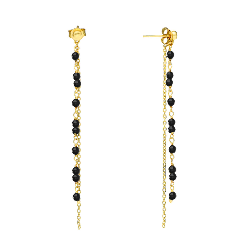Boucles d'oreilles pendantes argent doré pierres Spinelle noire