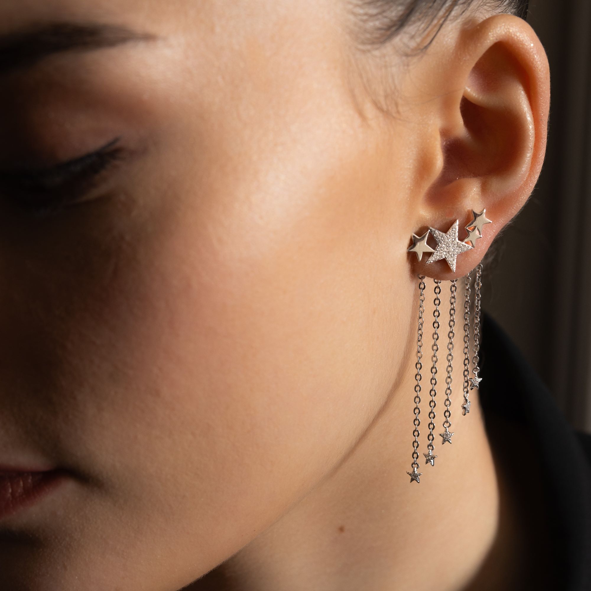 Boucles d'oreilles pluie d étoiles argent rhodié serties zirconium blanc – Image 2
