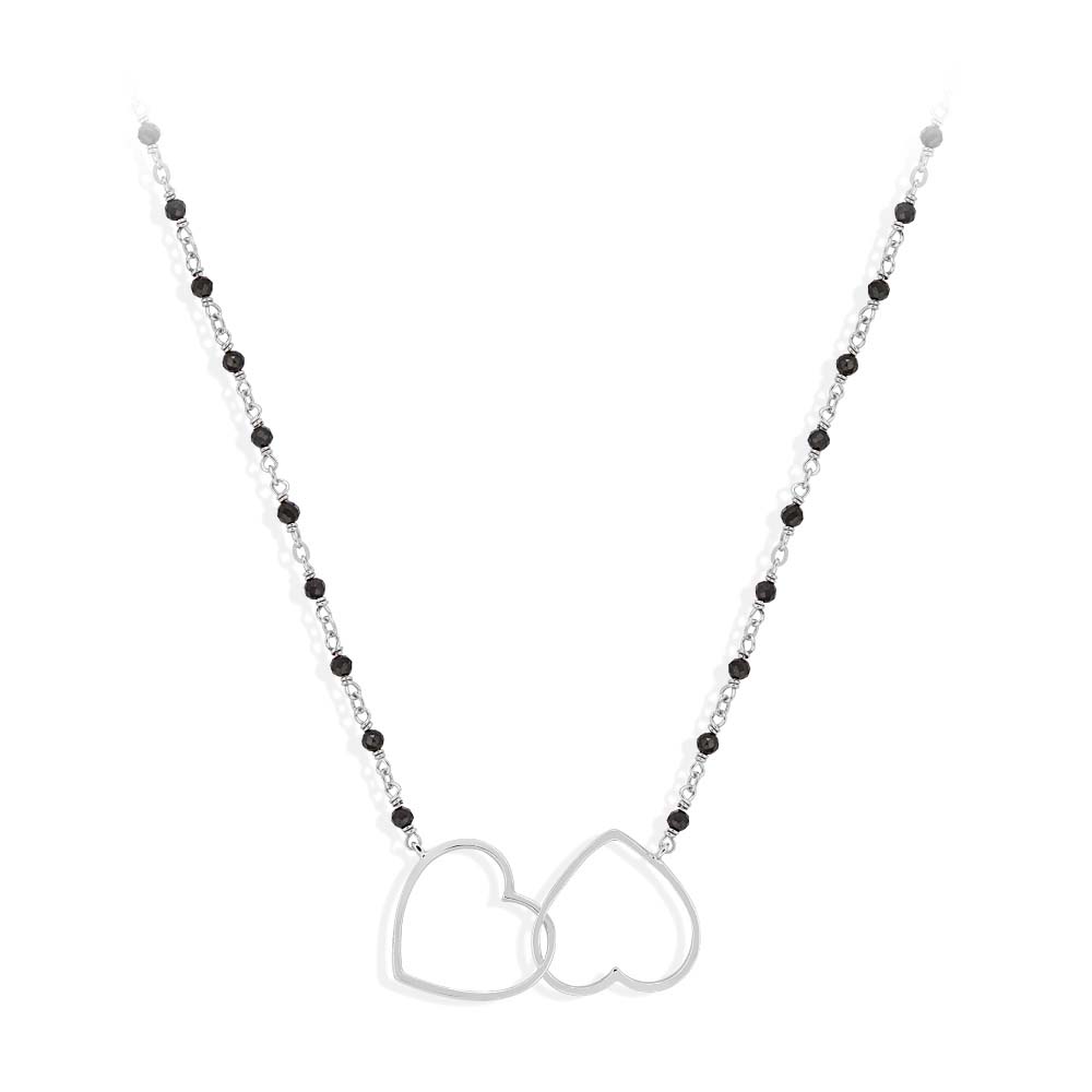 Collier argent rhodié double cœur et pierre spinelle noire