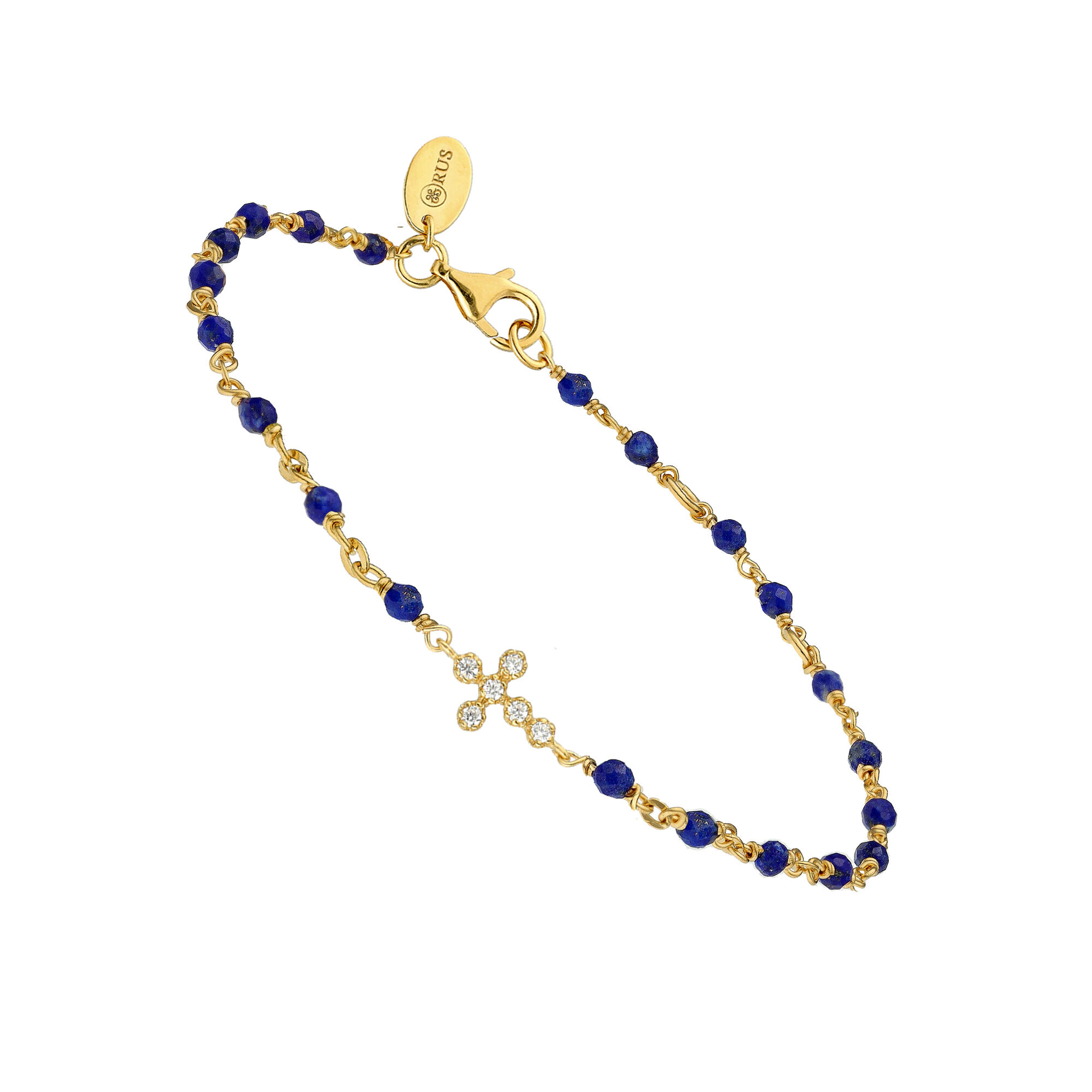 Bracelet argent doré croix zirconium blanc et pierres lapis