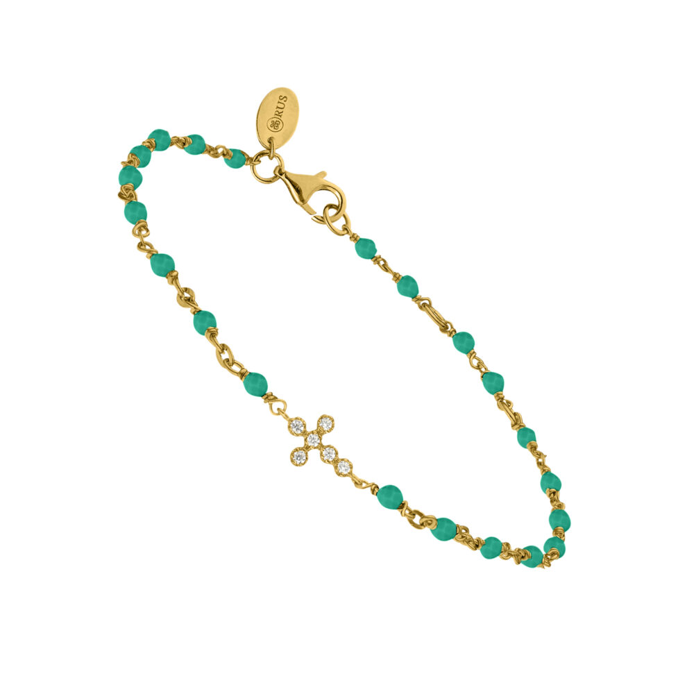 Bracelet argent doré croix zirconium blanc et pierres onyx vert