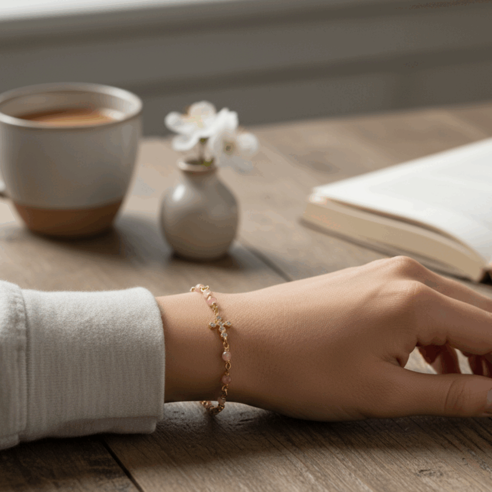 Alternative view of Bracelet argent doré croix zirconium blanc et pierres quartz rose fraise