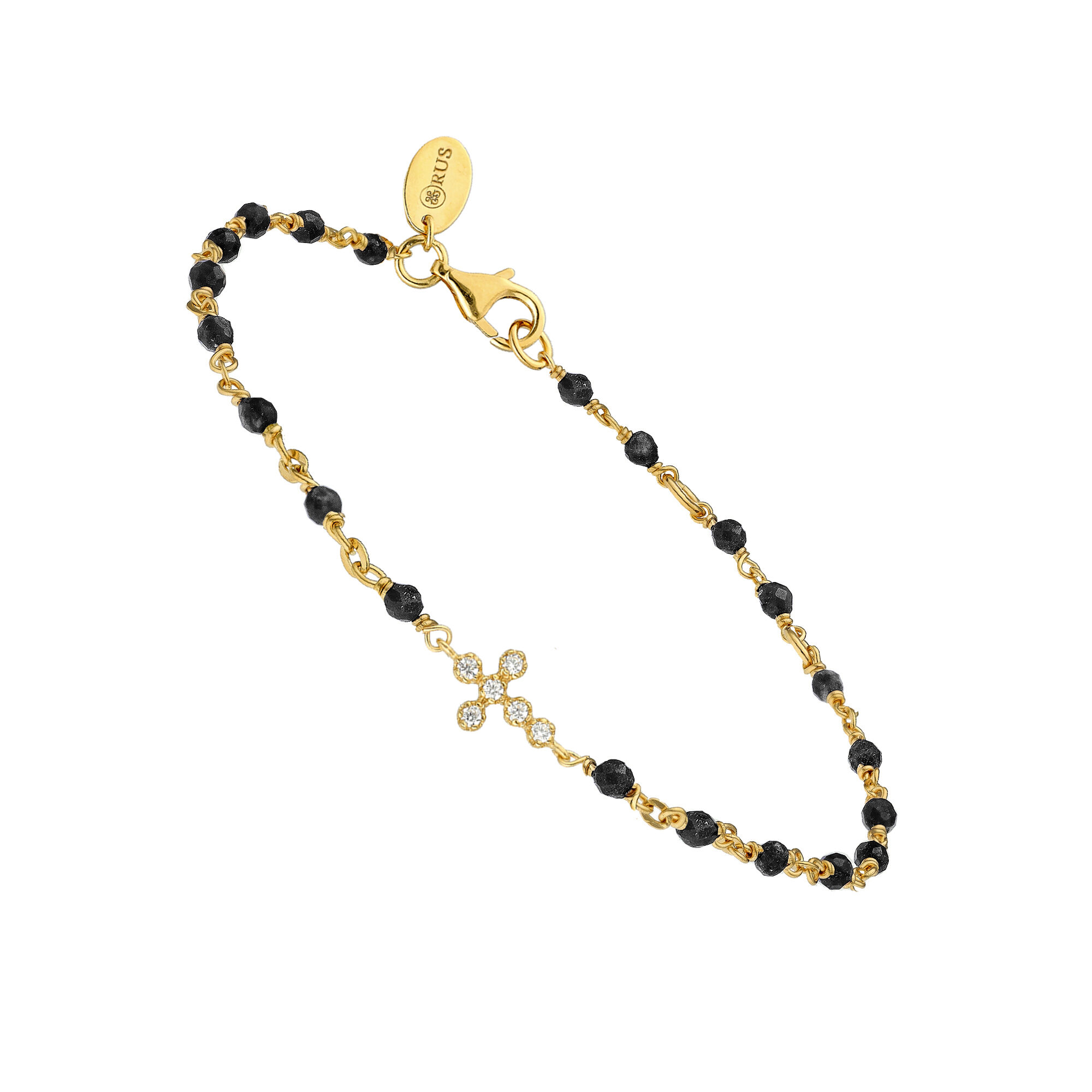 Bracelet argent doré croix zirconium blanc et pierres Spinelle noires