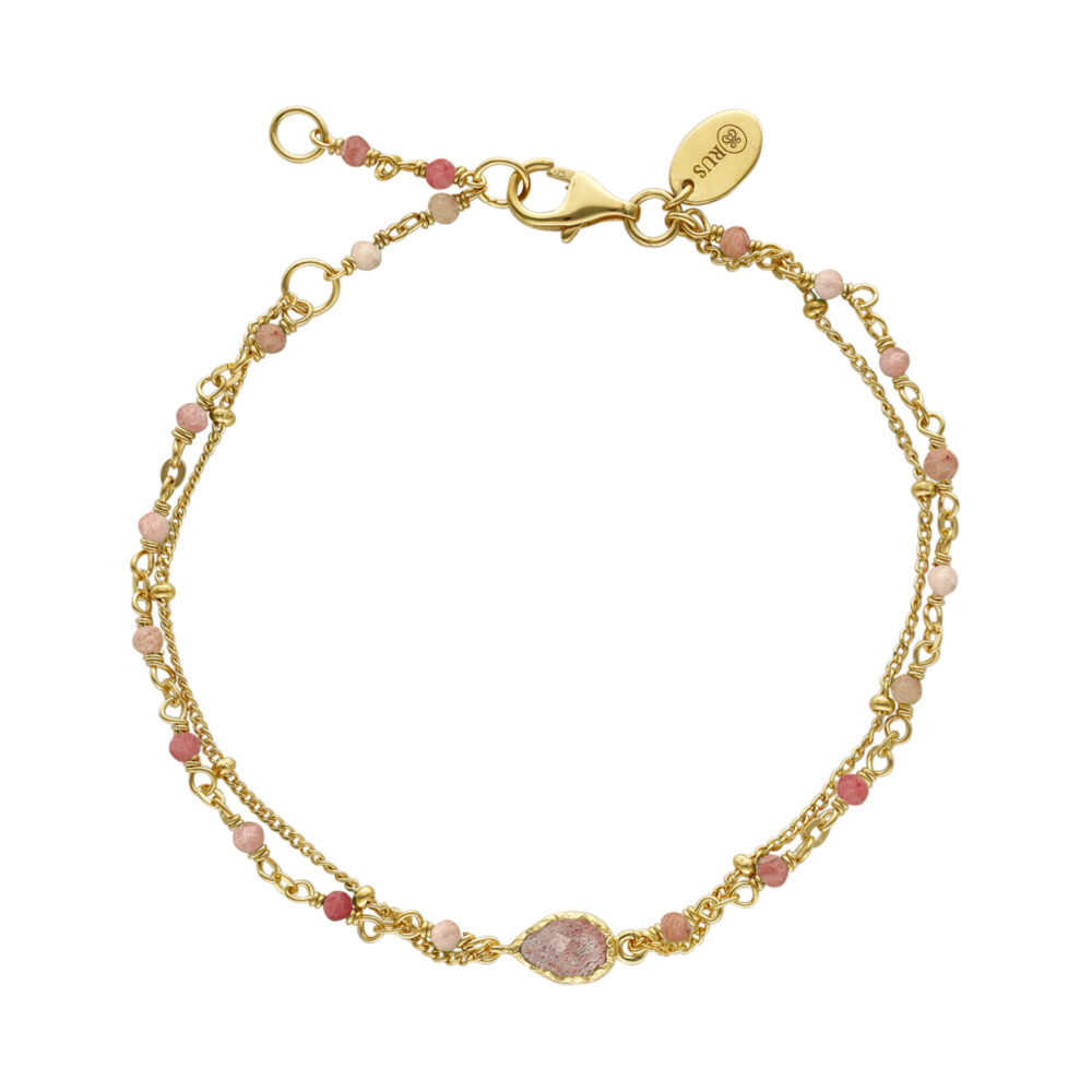 Bracelet argent doré double chaine goutte et  pierres quartz rose fraise