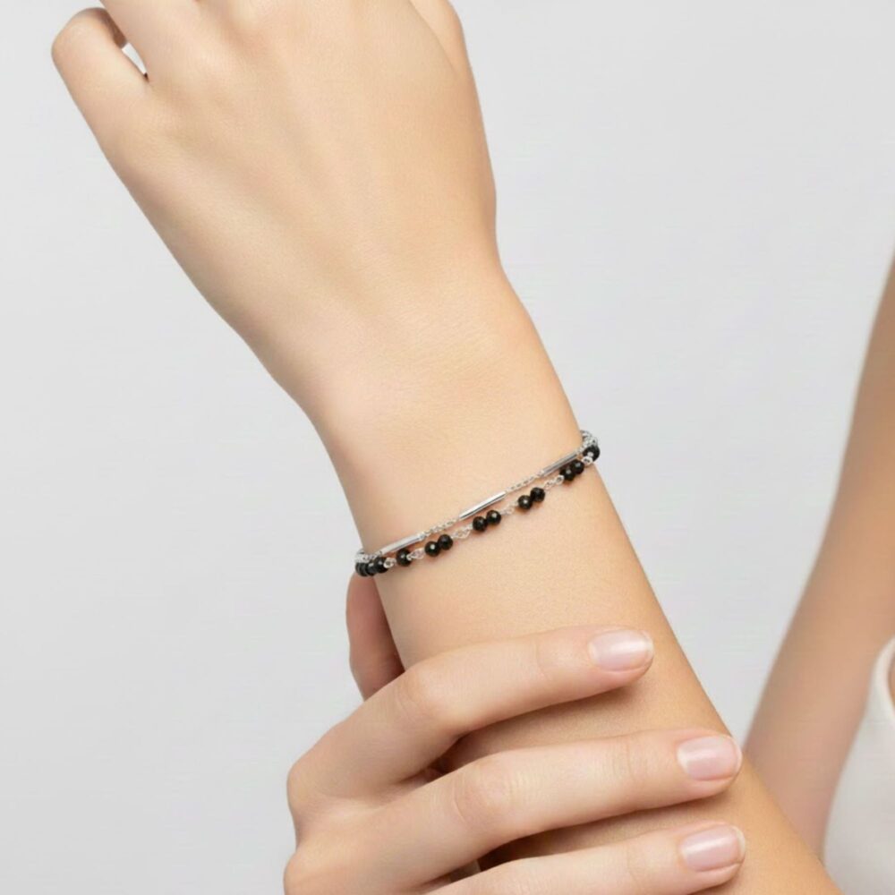 Alternative view of Bracelet argent doré doubles chaines barrettes pierres aventurine