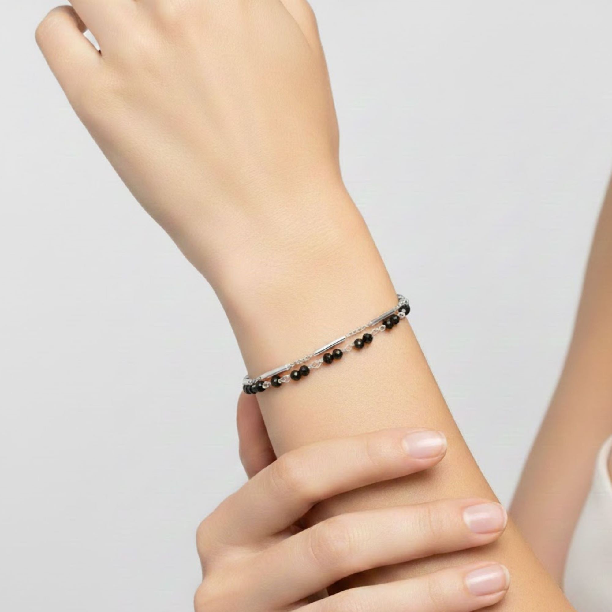 Bracelet argent doré doubles chaines barrettes pierres grenat – Image 2