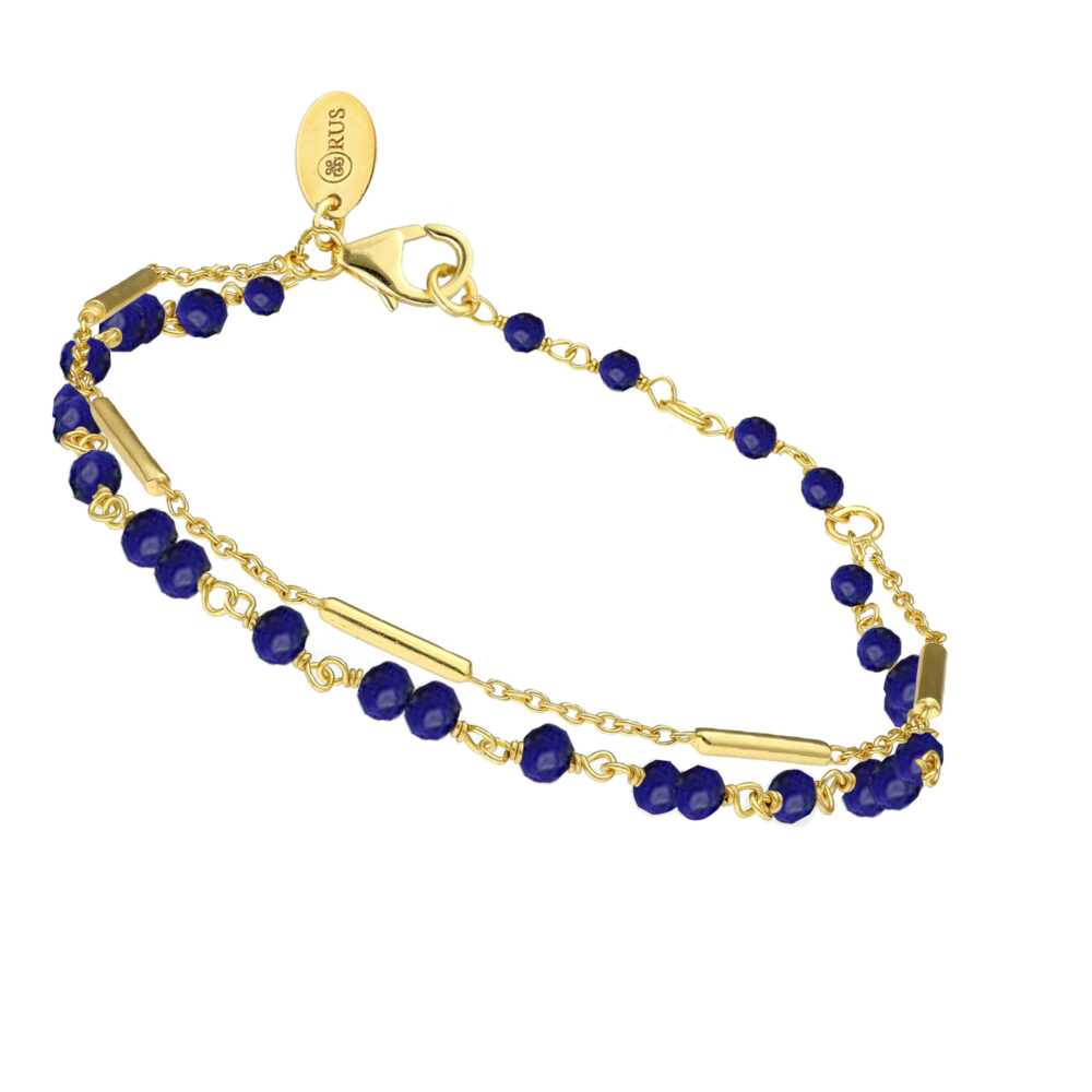 Bracelet argent doré doubles chaines barrettes pierres Lapis Lazuli