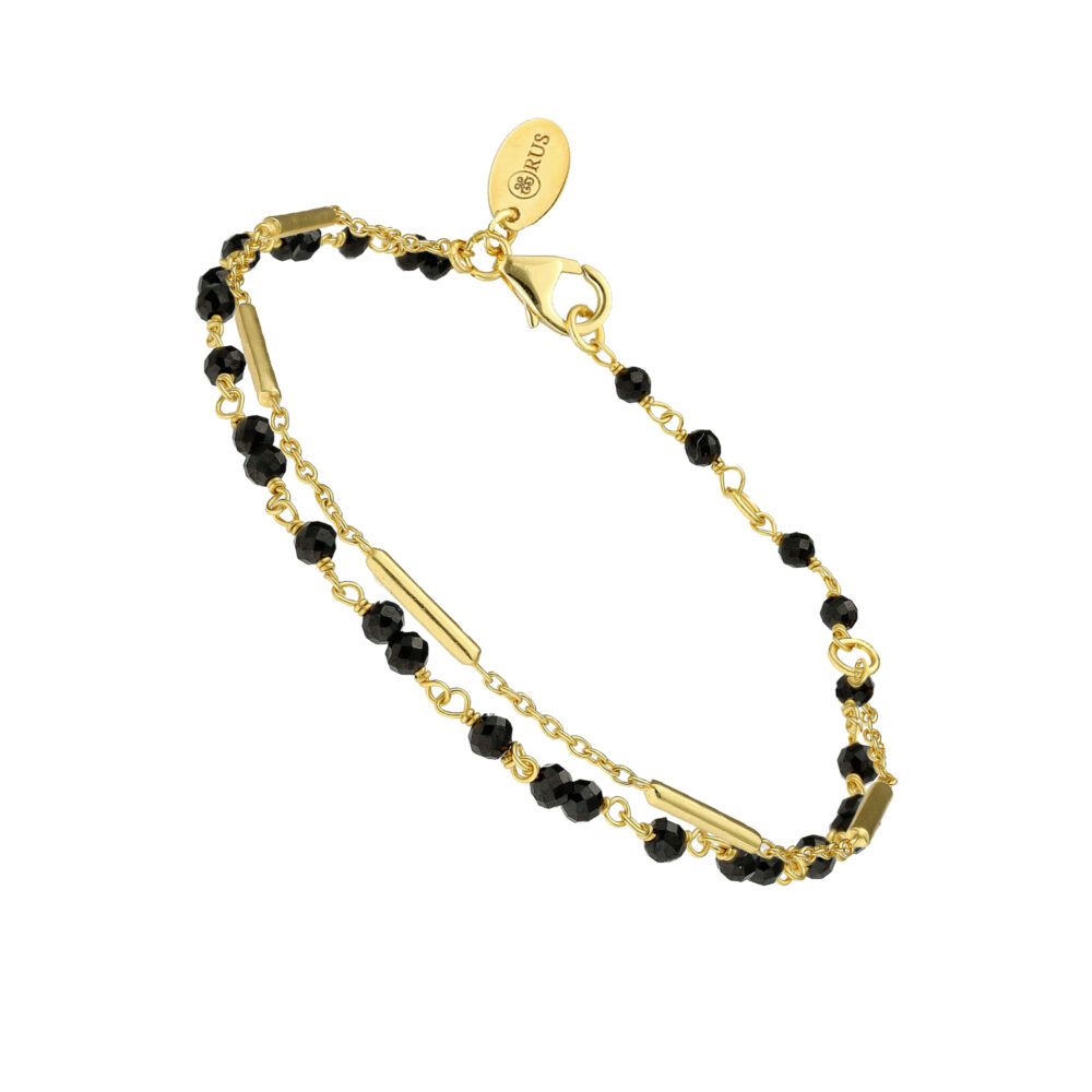 Bracelet argent doré doubles chaines barrettes pierres Spinelle noire