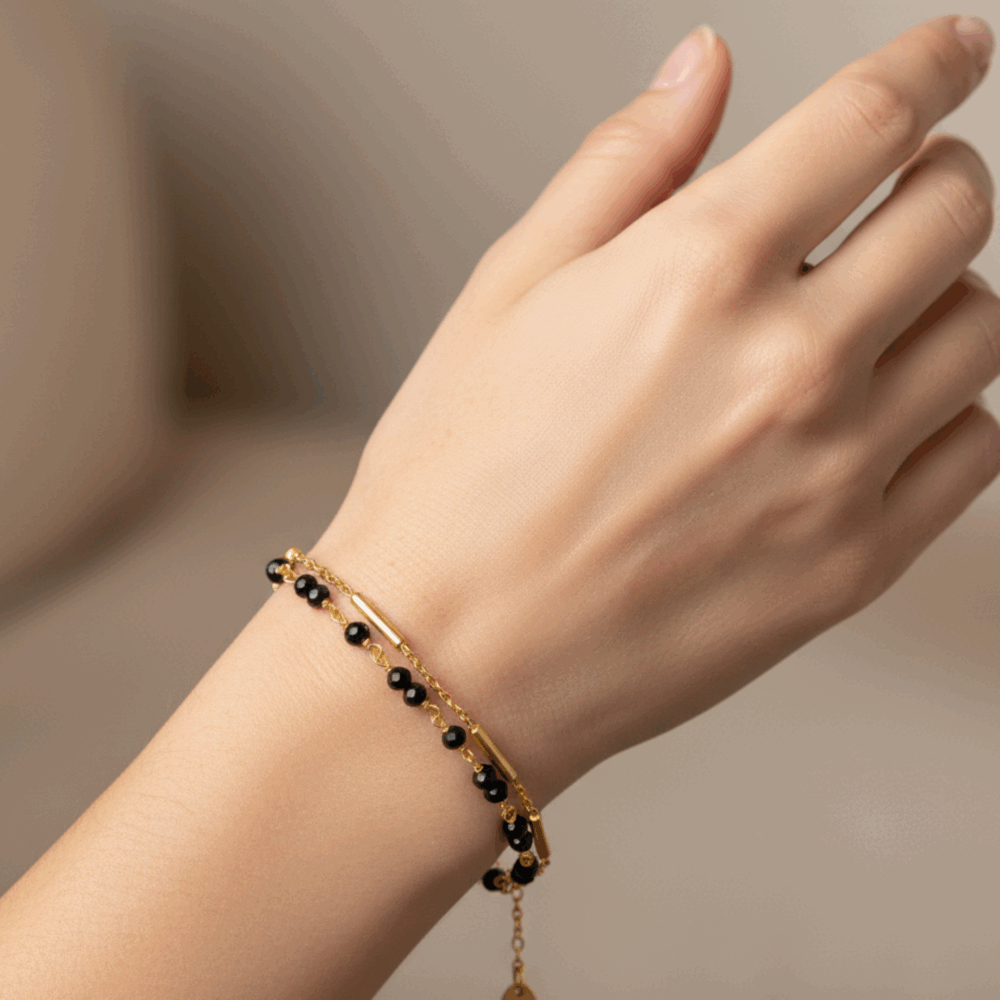 Alternative view of Bracelet argent doré doubles chaines barrettes pierres Spinelle noire