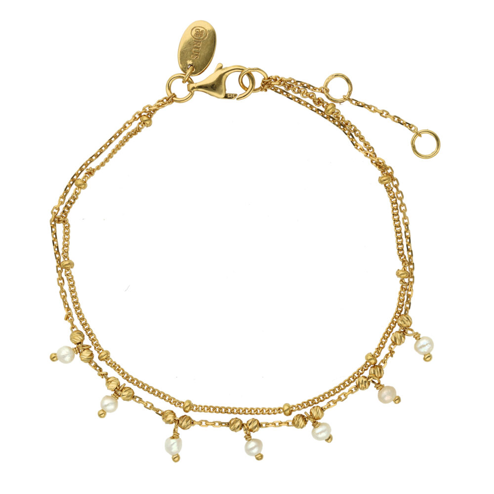 Bracelet argent doré doubles chaînes pampilles et perles blanches